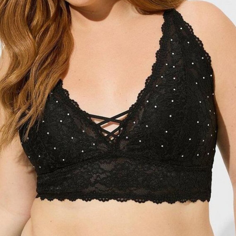 TORRID BLACK LIGHTLY LINED DIAMANTE XO FRONT BRALETTE 2 2X 18 20 - Picture 2 of 5